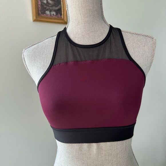 Pink Victorias Secret Burgundy And Black Crop Top Mesh Gym Sports Bra Small - Picture 2 of 8